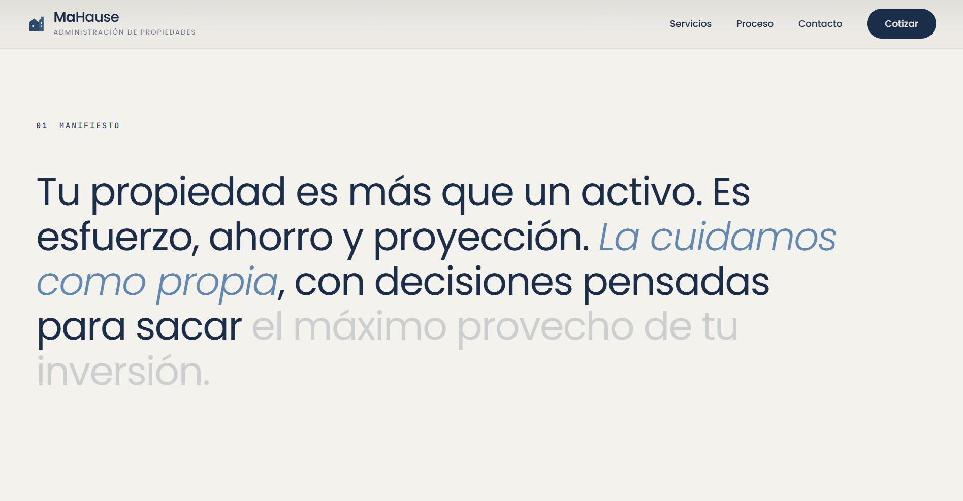 Landing page OpenLanding para MaHause — sección manifiesto