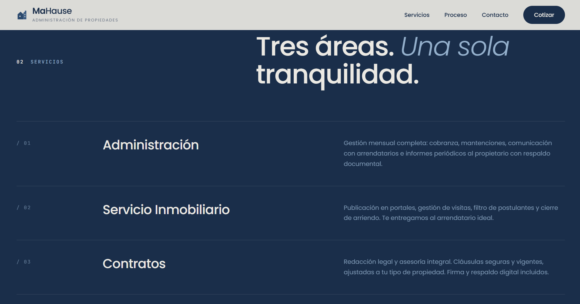 Landing page OpenLanding para MaHause — sección servicios