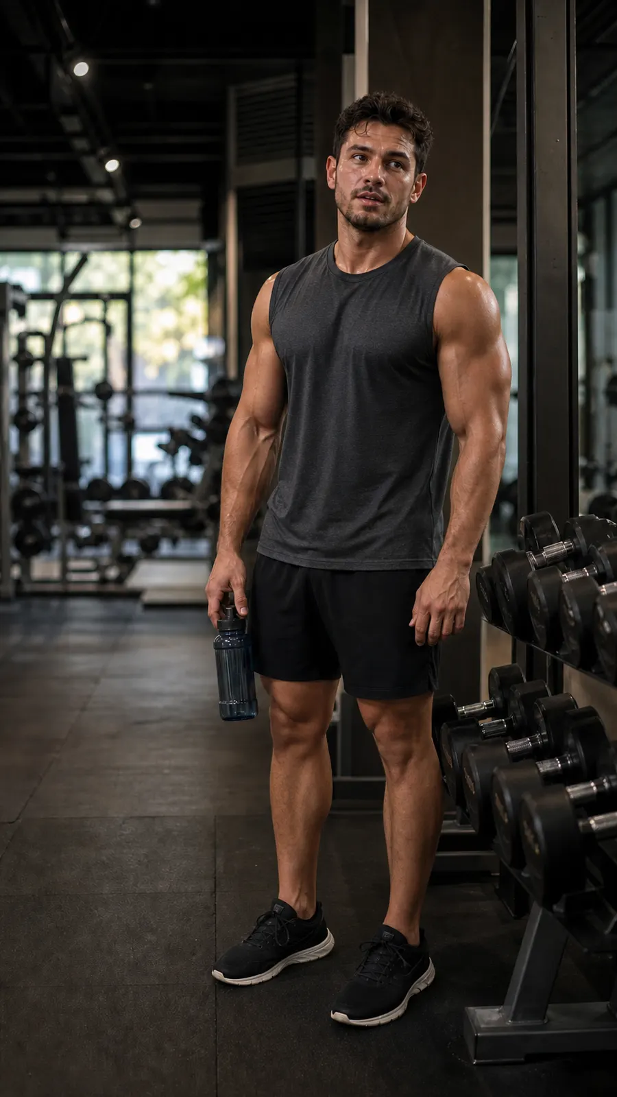 Hombre entrenando junto al rack de mancuernas en PulseGym Lautaro