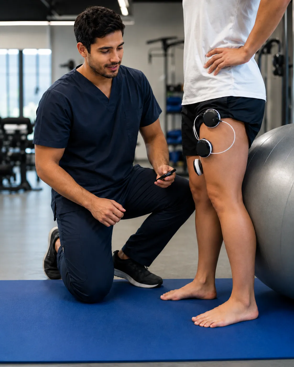 Kinesiólogo evaluando a un paciente con electroestimulación en el box